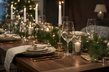 Elegant Christmas dinner table with candles, wine glasses, ceramic plates and evergreen branches. Cozy festive home interior with warm lights and intimate holiday atmosphere.