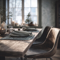 Quiet winter dining table with simple tableware, folded napkins and candles in a cozy home interior. Soft natural daylight, calm atmosphere, minimal decor and peaceful seasonal mood.