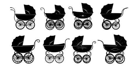 Six vintage baby stroller silhouettes collection.