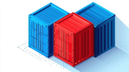 Fototapeta premium Isometric View of Three Red and Blue Shipping Containers