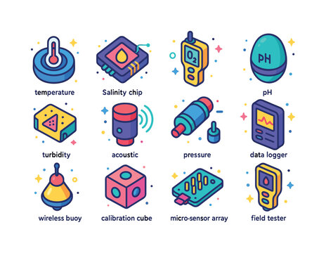 Colorful Aquatic Sensor Icons. Aquatic Sensors. Colorful isometr