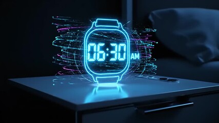 Glowing smartwatch displaying 0629 am on a nightstand with abstract light trails - Powered by Adobe