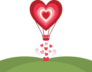 Hot air balloon shaped like a heart releasing smaller hearts over green hills