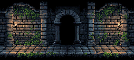 Dark pixel art dungeon hall with arched entrance and glowing torches. Retro video game background for adventure or fantasy game.