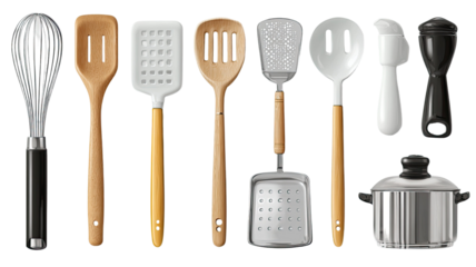 Isolated set of silver kitchen cutlery and cooking utensils including a fork, spoon, knife, and spatula on a white background