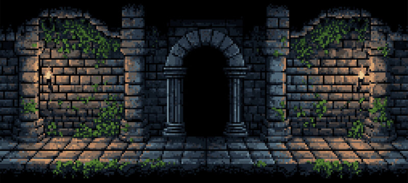 Dark pixel art dungeon hall with arched entrance and glowing torches. Retro video game background for adventure or fantasy game.