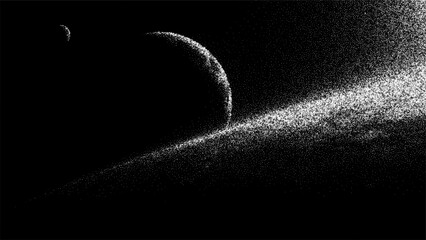 Planet with ring system and small moon in outer space view. Digital illustration of solar system, galaxy for astronomy and science concept.