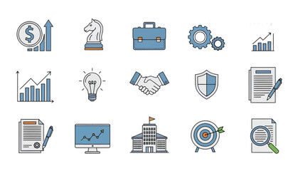 Set of business and finance icons featuring flat outline design elements for corporate strategy growth and management applications isolated on white.