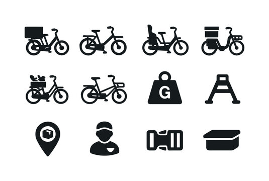 E-Cargo Bike Icons. E-cargo bikes. Solid icon set of e-cargo bik