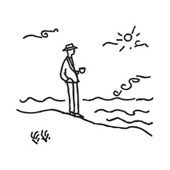 Minimalist Line Art Illustration of a Person Standing by the Sea