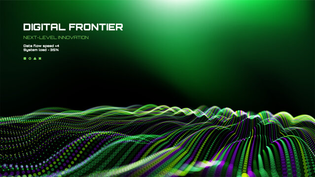 Digital frontier next-level innovation with data flow visualization. Futuristic particle wave for cybersecurity, big data, and artificial intelligence.