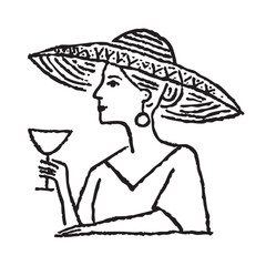 Minimalist Line Art Illustration of a Woman in a Hat Enjoying a Drink