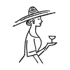 Minimalist Line Art Illustration of a Woman in a Hat Enjoying a Drink