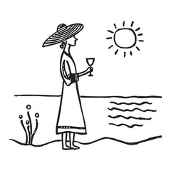 Minimalist Line Art Illustration of a women Standing by the Sea