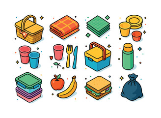 Colorful Picnic Icons. Picnic Essentials. Colorful isometric vec
