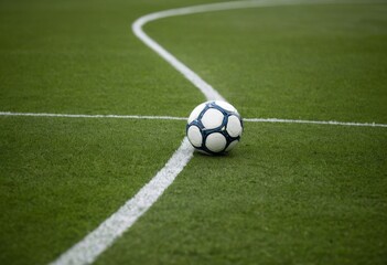 Soccer Ball on Green Grass Field with White Court Lines