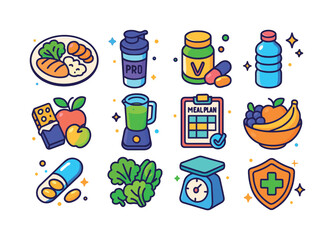 Nutrition Recovery Icons. Nutrition for recovery. Colorful isome
