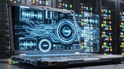 Futuristic laptop displaying complex holographic circuit interface in server room - Powered by Adobe