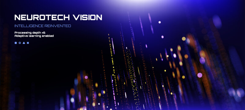 Neurotech vision intelligence reinvented with processing depth technology on a dark blue background. Digital data stream for artificial intelligence concept.