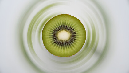 Fresh Kiwi Fruit Slice with Green Motion Blur Spin Effect on White Background