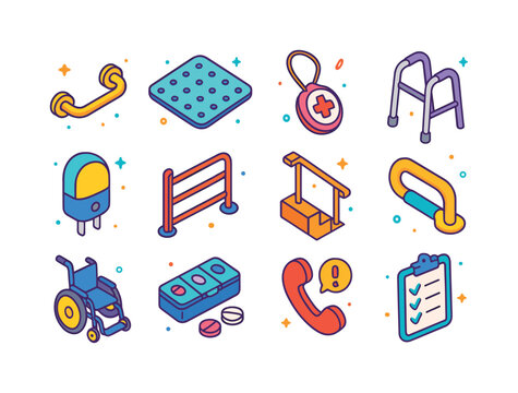 Senior Safety Icons. Senior safety. Colorful isometric vector ic