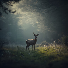 Obraz premium Deer Amidst the Fog: A majestic deer with impressive antlers stands proudly in a mysterious fog, illuminated by a beam of sunlight filtering through the trees.
