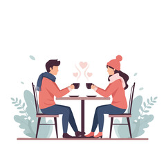 Fototapeta premium Illustration of a romantic couple enjoying coffee together on a valentine's day with warm hearts rising from their cups in a cozy setting.