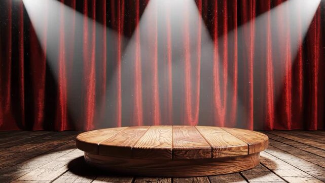 Empty wooden stage platform under spotlight with red curtain backdrop