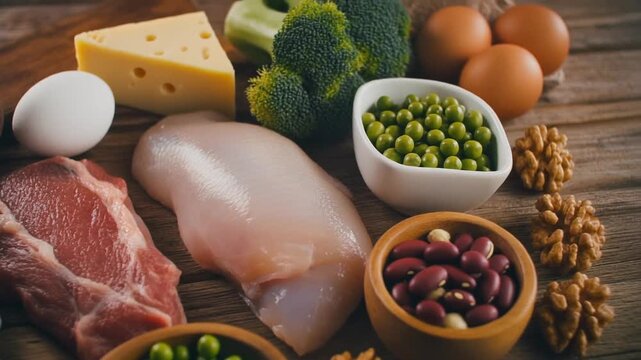 A collection of various protein-rich foods including meat, chicken, eggs, cheese, beans, peas, broccoli, and walnuts on a wooden surface.