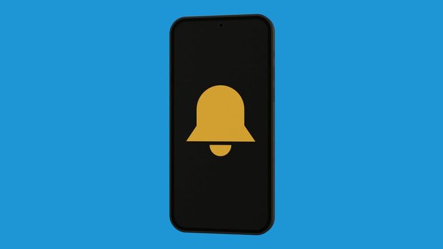 A 3D mobile phone displays a pulsing yellow bell notification icon on a black screen with a blue background.