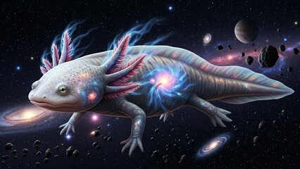 Fantastical Cosmic Axolotl Creature Adorned with Galaxies in Space