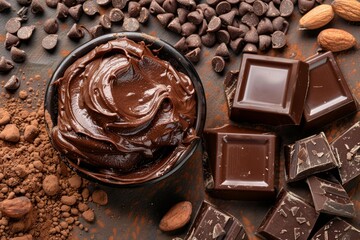 Chocolate cream in a bowl with chocolate chunks, cocoa powder and almonds, creating a tempting and decadent dessert scene