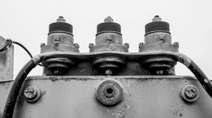 Fototapeta premium Closeup of electrical transformer fragment from below with three insulators on metal body and side wires, showing power distribution, electricity infrastructure, and industrial energy