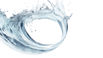 Dynamic crystal clear water splash forming a spiral shape on transparent background