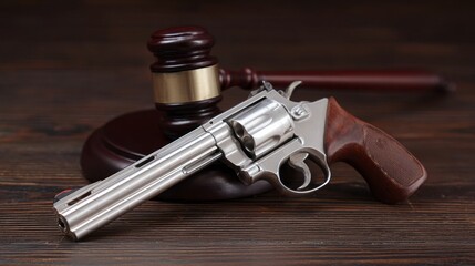 Revolver judge gavel on table symbolizing weapon law, justice, military crime, legal control, prohibition, authority, courtroom decision making, armed force regulation, legal responsibility concepts