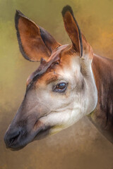 Okapi Animal Portrait Profile Against Soft Yellow Brown Background
