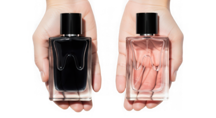 Hands holding perfume bottles isolated on white background