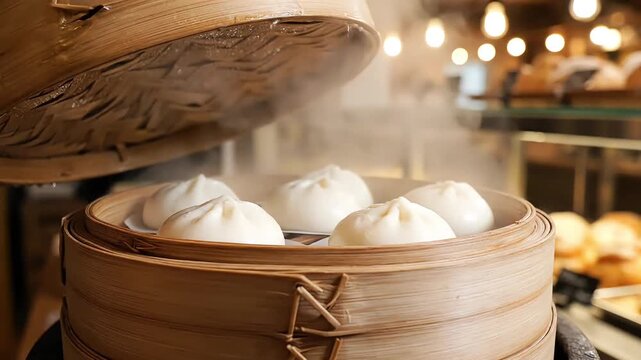 Arti dalam Bahasa Inggris
A hand opening a traditional steamer pot containing hot bakpao buns.
