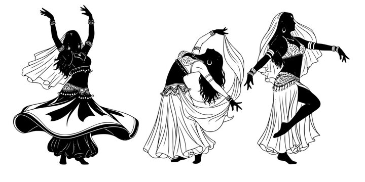 Black belly dancer silhouettes in various poses white background
