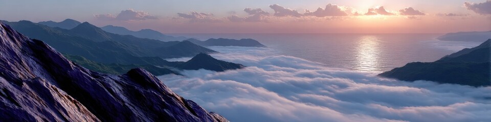 Fototapeta premium Sunset over mountain range and ocean with cloud blanket