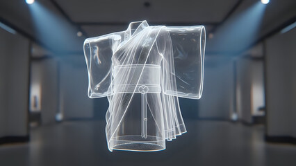 Holographic projection of a traditional japanese kimono garment displayed under museum spotlight illumination