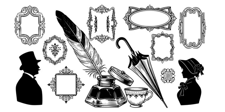 Victorian silhouettes and decorative frames inkwell feather cup umbrella