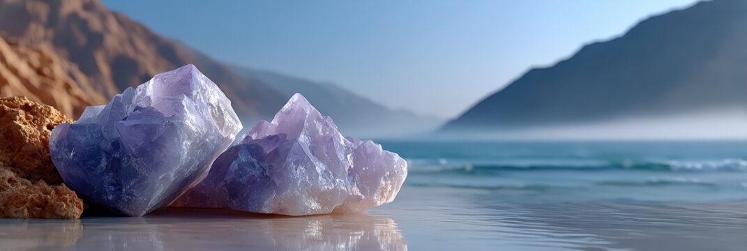 Vibrant amethyst crystals on tranquil beach shore with mountainous backdrop