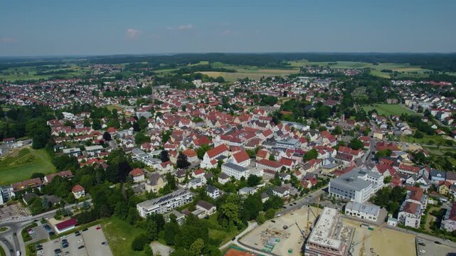 Aerial view around the city Aichach, 86551 in Germany., Bavaria on a sunny afternoon in spring.