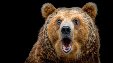Bear portrait with surprised animal wildlife expression on black background, showing funny emotion, wide eyes and alert face, dramatic studio style concept for nature, humor and animal behavior themes