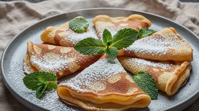 Delicious folded crepes with powdered sugar and fresh mint leaves on a plate