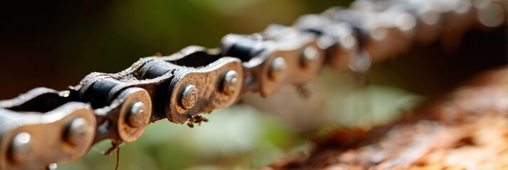 Close-up of rusty bicycle chain in natural sunlight with blurred background