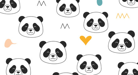 Pattern of panda faces scattered across a white background with hearts and geometric marks for cute decorative use in fabrics wallpapers borders and crafts.