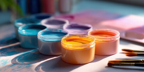 Colorful acrylic paints and brushes in sunlit art studio