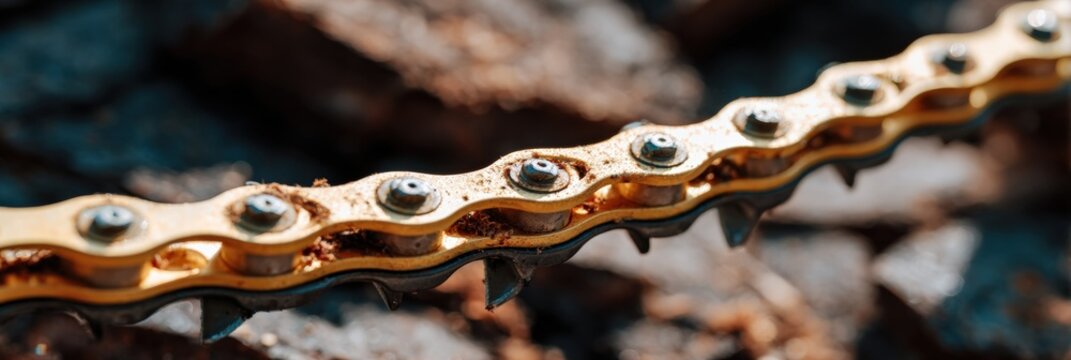 Close-up of a rusty bicycle chain outdoors in sunlight - Powered by Adobe